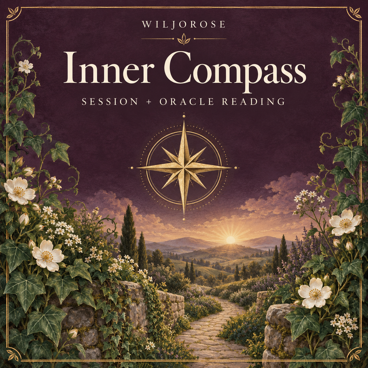 Illustrated golden compass above a garden path for the Inner Compass session by Wiljorose