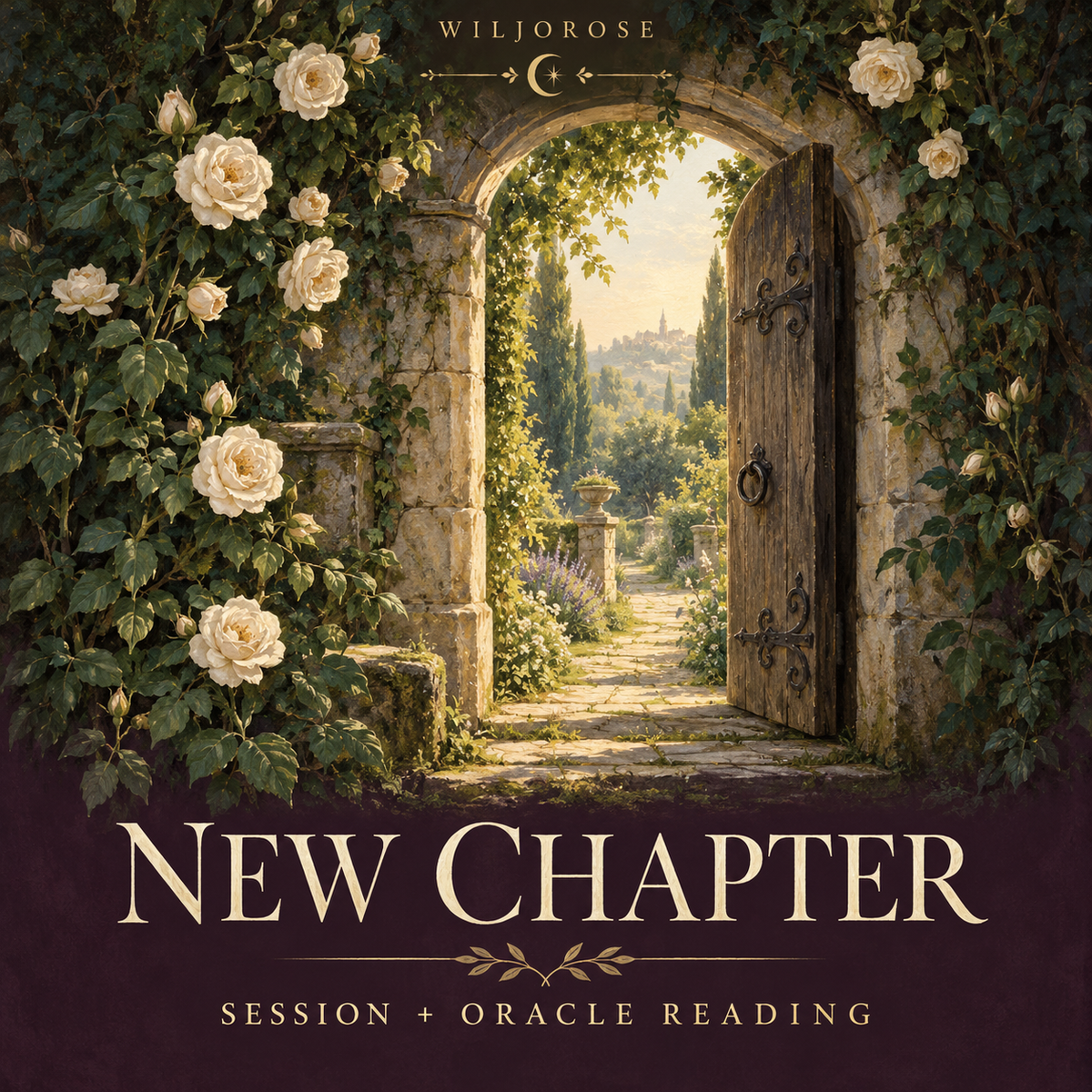 New Chapter session and oracle reading by Wiljorose, with a rose covered garden doorway