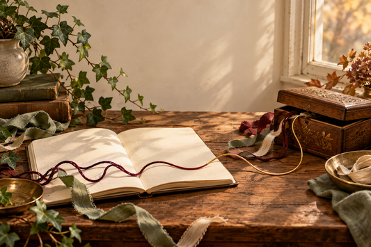 Open journal, keepsake box and gently untangling ribbons symbolising reflection on family patterns