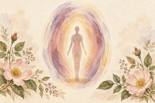 Watercolour illustration of a figure surrounded by soft plum, rose and gold ovals, framed by wild roses.
