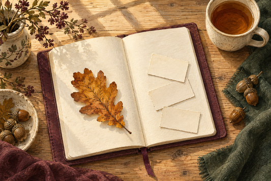 An illustrated open journal with three blank notes and an autumn leaf, beside a cup of tea, acorns and green linen.