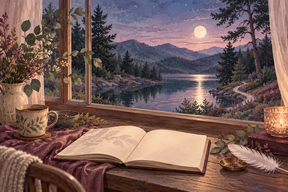 An open journal beside a moonlit window with a quiet woodland and reflective lake beyond