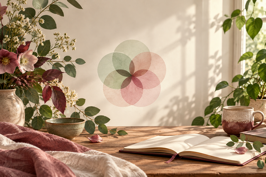 Open journal with green leaves and overlapping green and rose circles symbolising compassion and connection