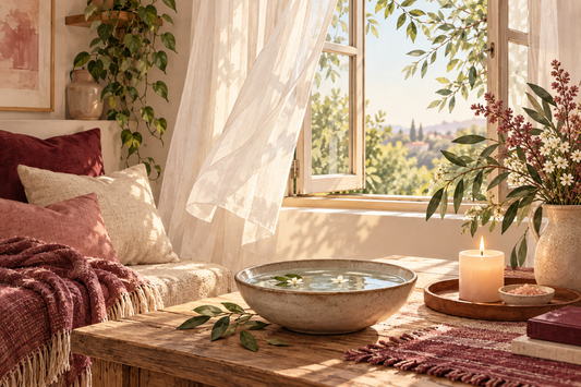 Sunlit home with open window, bowl of water, leaves and candle for a gentle energy-cleansing guide