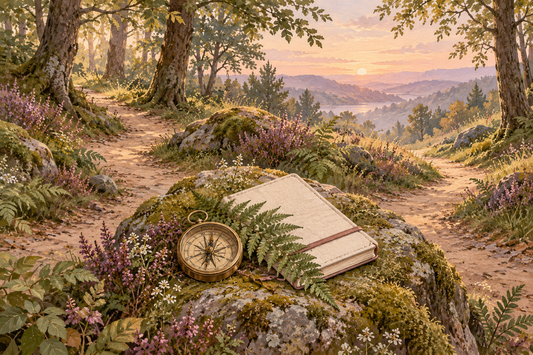 A brass compass and closed journal beside a forked woodland path in soft morning light