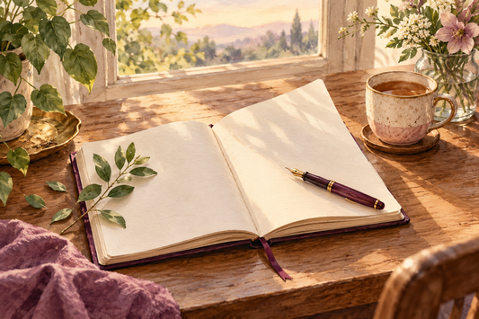An open blank journal with a fountain pen and green sprig on a sunlit wooden desk