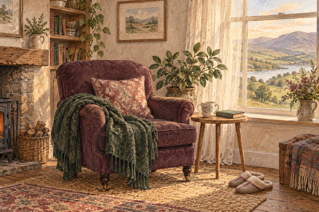 Illustrated plum armchair with a green throw, a mug and book beside a sunlit window overlooking Welsh hills.