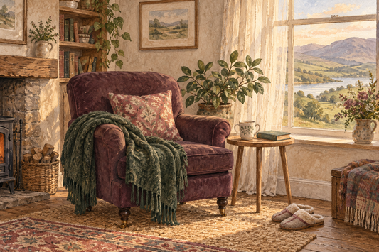 Illustrated plum armchair with a green throw, a mug and book beside a sunlit window overlooking Welsh hills.