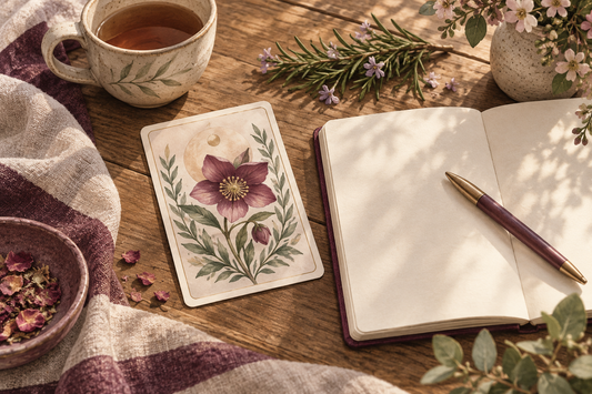 A botanical oracle card beside an open journal and pen on a warm wooden table