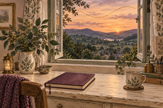 Illustrated writing desk with a plum journal, leafy stems and a mug beside an open window overlooking hills at sunset.