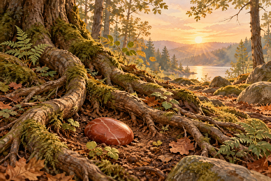Tree roots in rich earth beside a smooth red stone at sunrise, symbolising grounding and stability