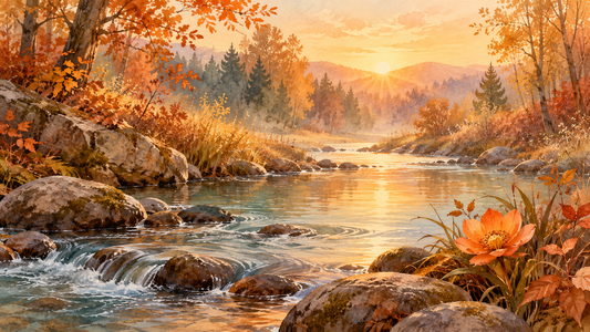 Sunrise over a flowing woodland stream with an orange flower, symbolising creativity and emotional flow