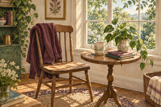Illustration of a wooden chair with a plum cardigan beside a sunlit table with a mug, notebooks and a leafy plant.