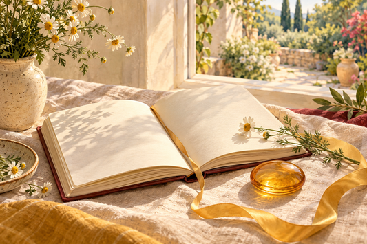 Open journal, golden ribbon, amber glass and chamomile in warm sunlight