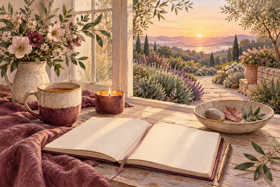 An open journal beside a candle and warm drink overlooking a sunrise garden path