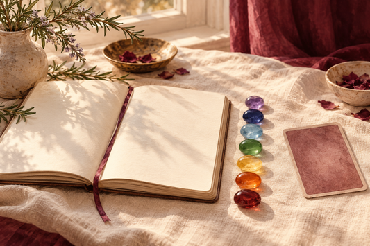 Open journal, seven coloured glass stones and an oracle card in warm morning light