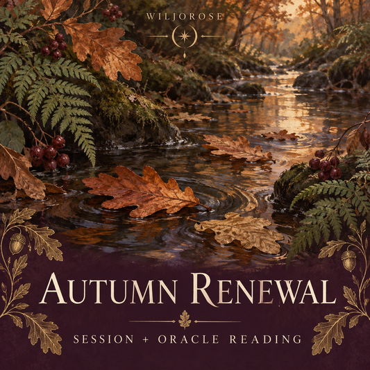 Autumn Renewal session and oracle reading by Wiljorose, with autumn leaves on a woodland stream