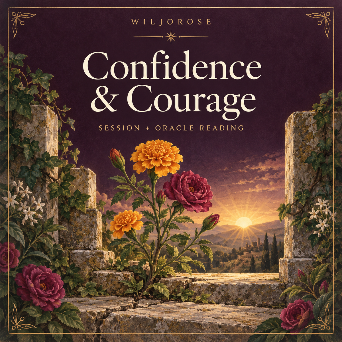 Illustrated flowering stem and sunlit garden threshold for the Confidence & Courage session by Wiljorose