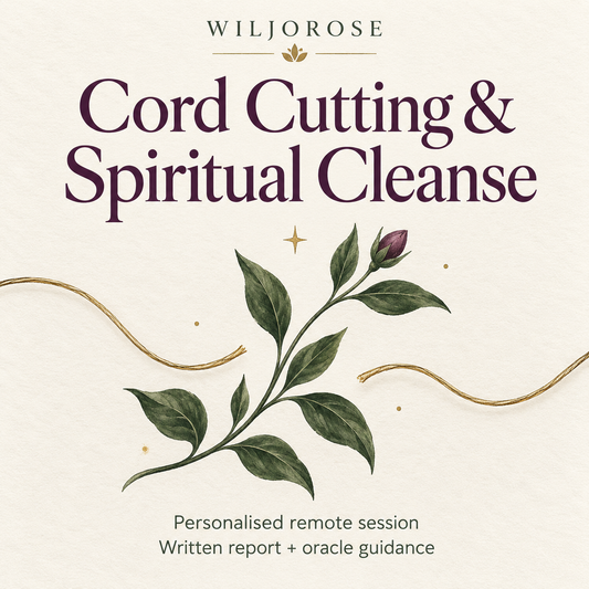 Cord Cutting & Spiritual Cleanse — personalised remote session with written report and oracle guidance; two separated gold threads and a botanical branch.