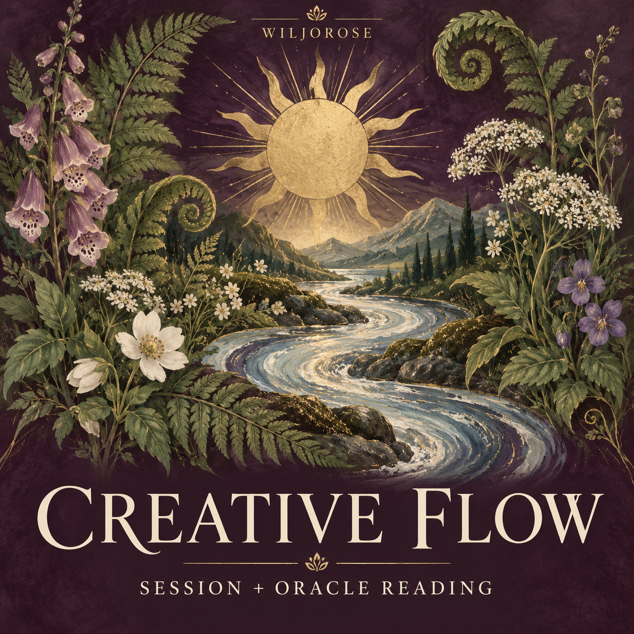 Creative Flow session and oracle reading by Wiljorose, with a flowing river and wildflowers