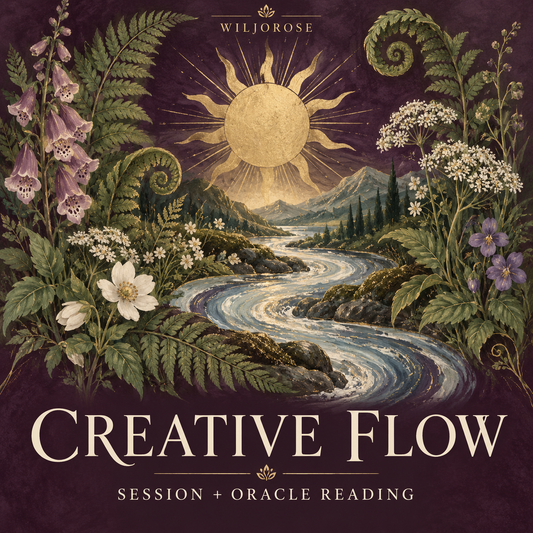 Creative Flow session and oracle reading by Wiljorose, with a flowing river and wildflowers