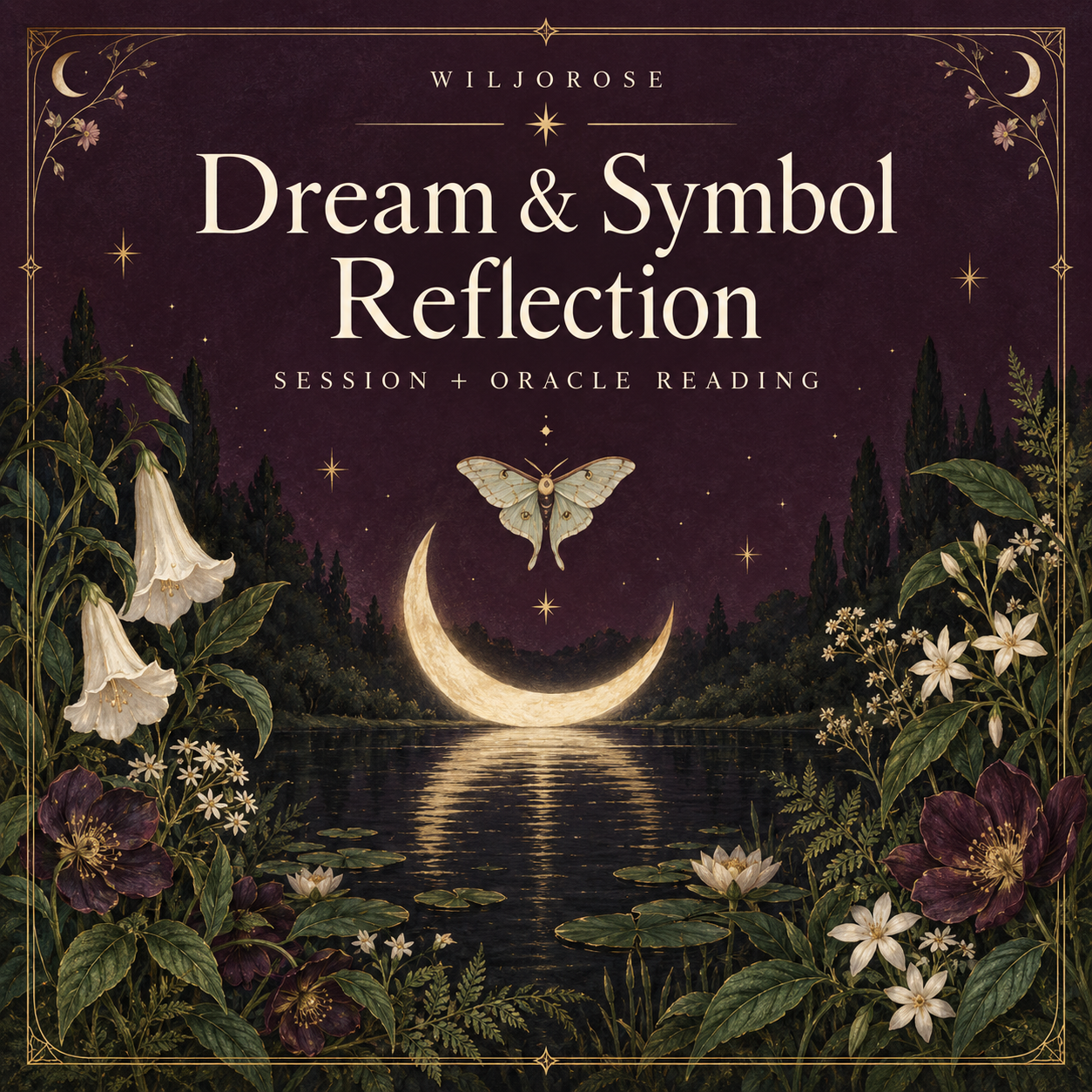 Illustrated crescent moon, moth and night flowers for the Dream & Symbol Reflection session by Wiljorose
