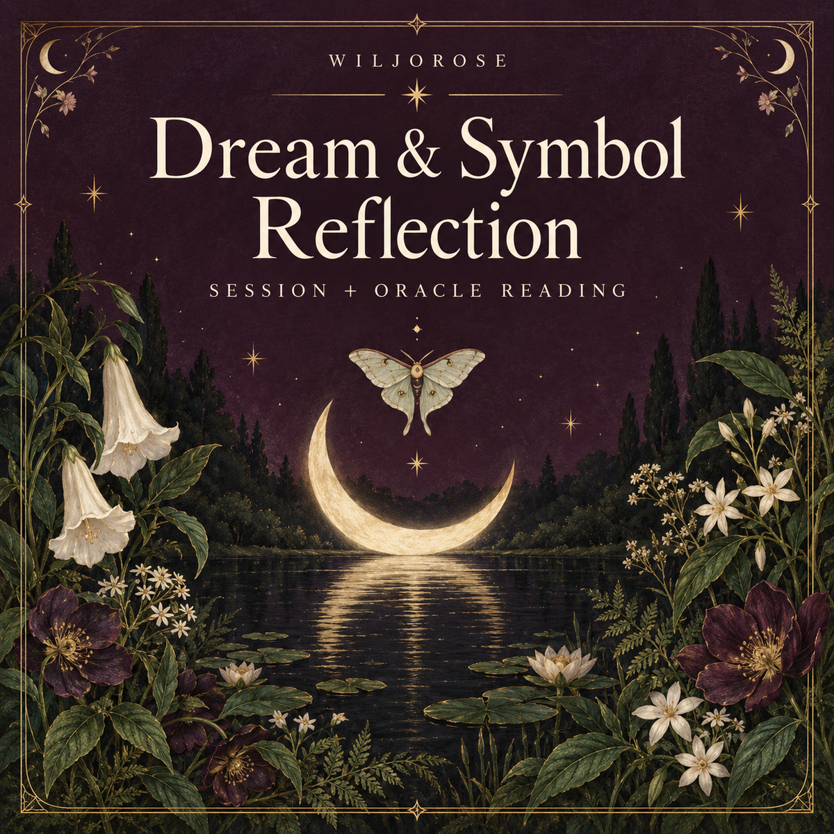 Illustrated crescent moon, moth and night flowers for the Dream & Symbol Reflection session by Wiljorose