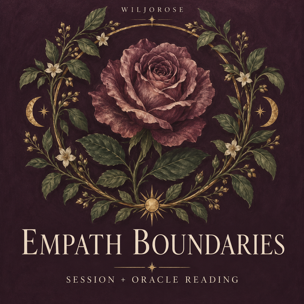 Empath Boundaries session and oracle reading by Wiljorose, with a rose and botanical circle
