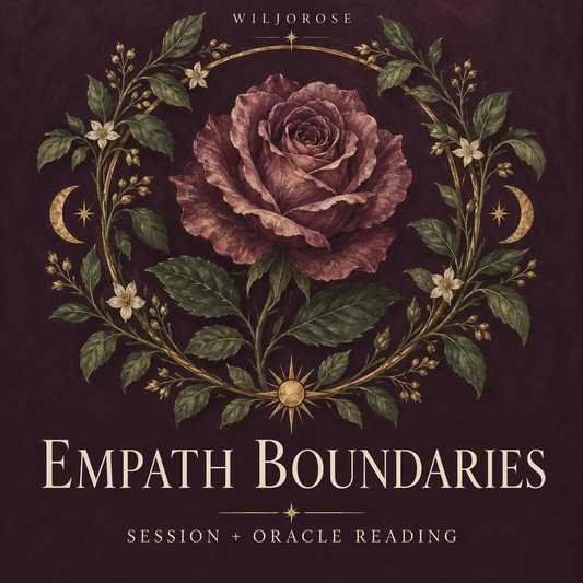 Empath Boundaries session and oracle reading by Wiljorose, with a rose and botanical circle