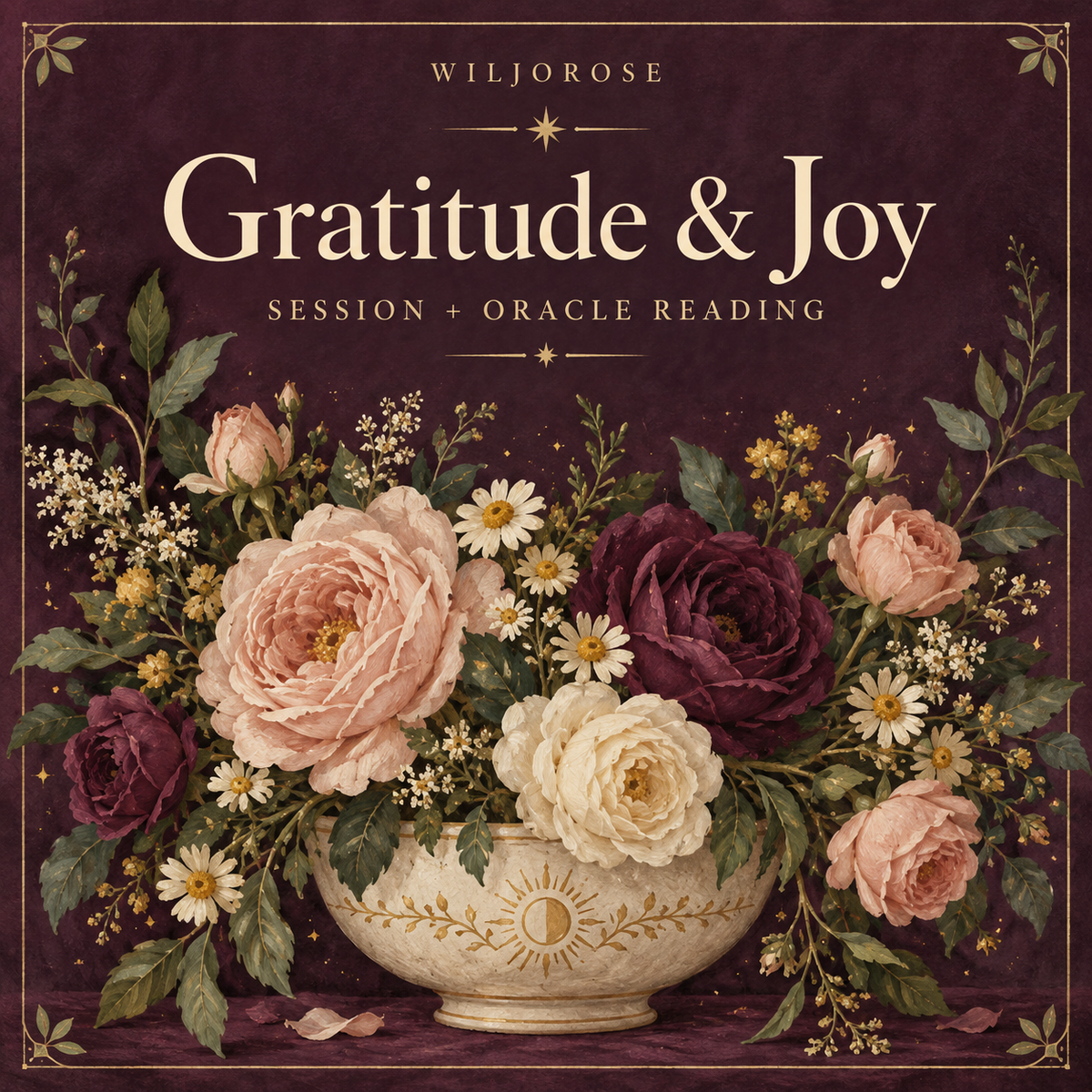 Illustrated roses and golden daisies for the Gratitude & Joy session by Wiljorose