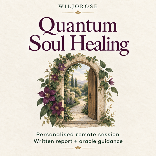 Quantum Soul Healing — personalised remote session with written report and oracle guidance; an illustrated garden doorway.