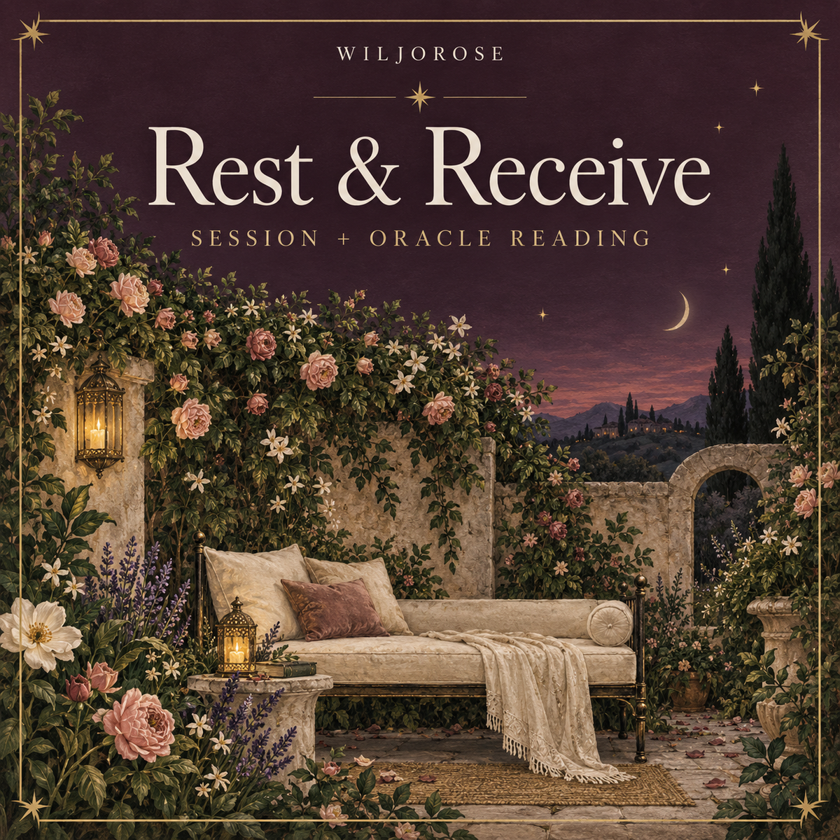 Illustrated garden daybed beneath roses for the Rest & Receive session by Wiljorose
