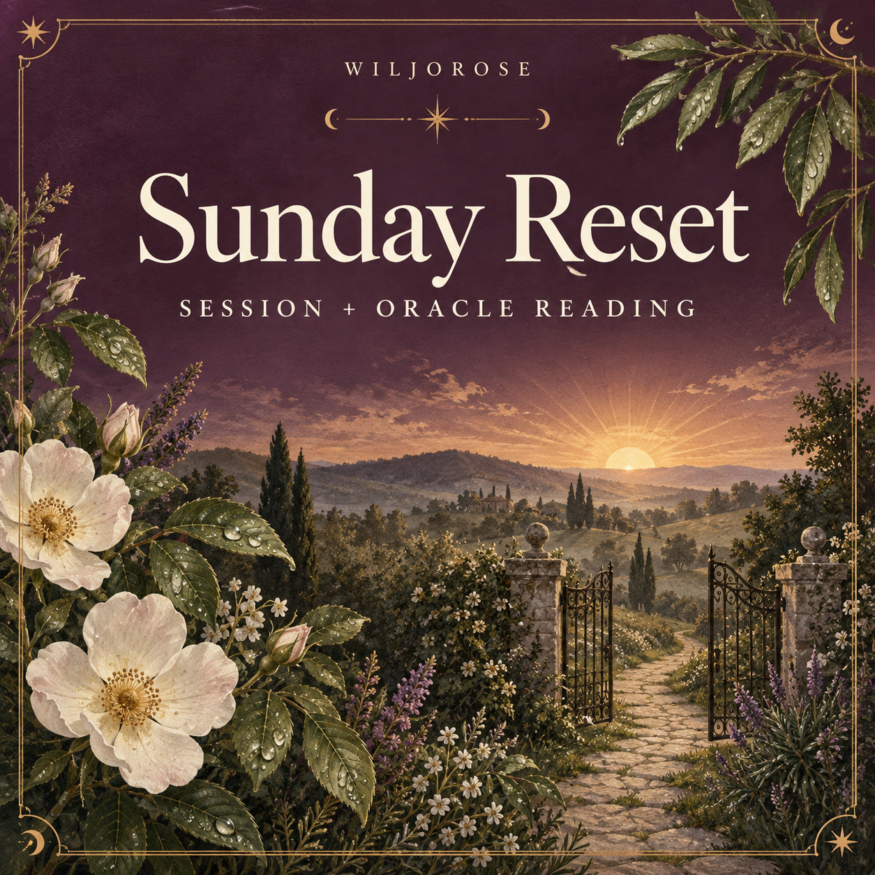 Illustrated sunrise and garden path for the Sunday Reset session by Wiljorose