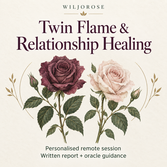 Twin Flame & Relationship Healing — personalised remote session with written report and oracle guidance; two botanical roses.